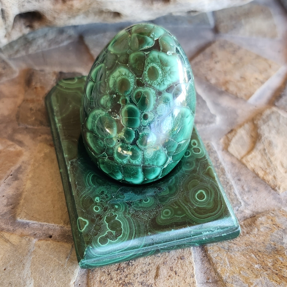 Genuine Malachite Gemstone 2 pc Egg Carved Set